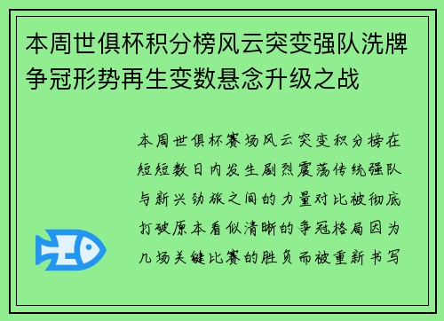 本周世俱杯积分榜风云突变强队洗牌争冠形势再生变数悬念升级之战